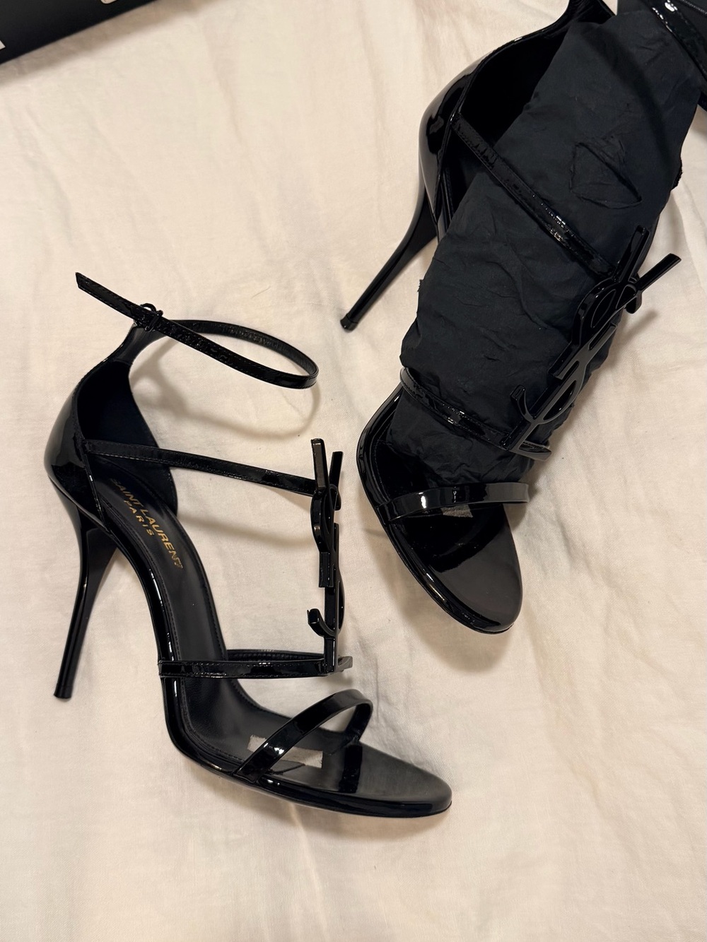 Yves Saint Laurent Black Patent Leather Strappy Stiletto Sandals